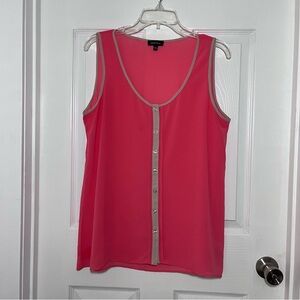 Spense Coral Button Front Sleeveless Blouse with Tan Trim